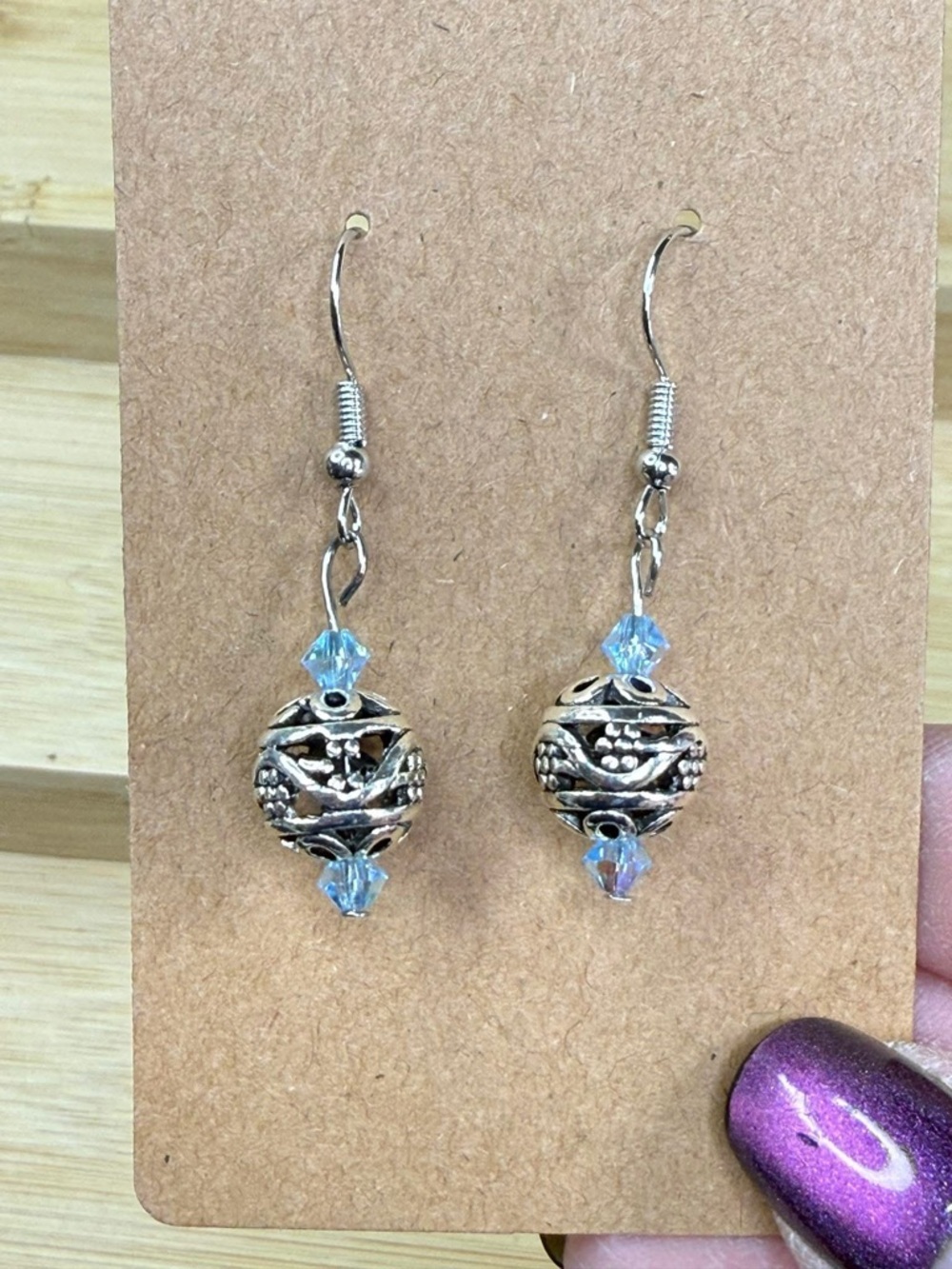 Silver Tibetan Bead Earrings with Light Blue Swavorski Crystal Accents